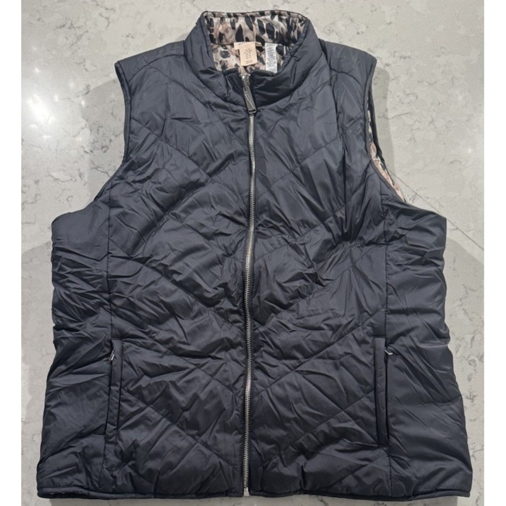 Tommy Bahama Reversible Puffer Vest Womens XL Black Leopard Print Quilted Zip